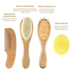 Baby Hair Brush and Comb Set (4-Piece) for Newborn - Wooden Baby Hairbrush Set，A Beechwood Brush, Baby Airbag Brush, Beech Handle Brush, and Prevent Cradle Cap Silicone Brush - Ideal Registry Gift