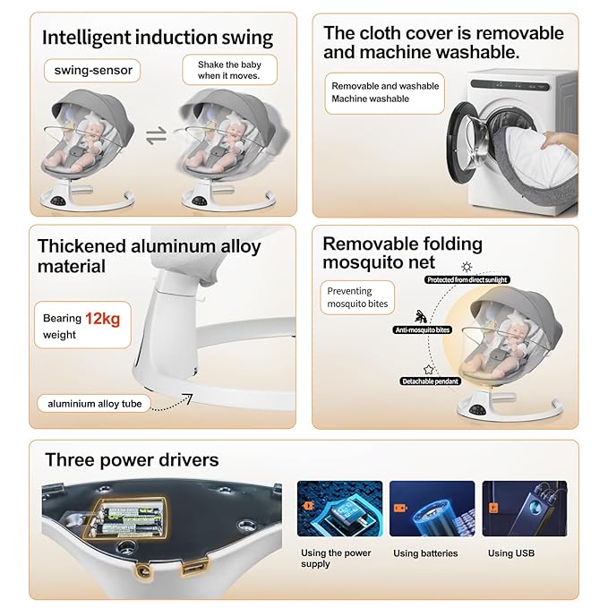 Baby Swing for Newborn to Toddler, 5 Speed Portable Infant Swing with Bluetooth Touch, Remote Control, 10 Lullabies, Timer, 5 Point Harness and Soft Fabric (Grey)