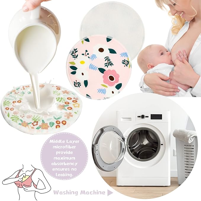 Sosation 30 Pcs Reusable Breast Pads Bamboo Nursing Pads with Wet and Laundry Bag Floral Nipple Favor Breastfeeding Mom Gift(Fresh Pattern)