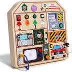 JAUNTY Montessori Wooden Busy Board for Toddlers 3 4 5 Years Old, Wooden Sensory Toddler Toys with LED Light Switches, TV Radio Telegram and Car Driving, Travel Toys Birthday for Boys Girls