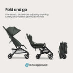 Mompush Velo Lightweight Travel Stroller – One-Hand Fold, Ultra-Compact & Airplane Friendly, Lie-Flat Recline Seat (from Birth to 50 lbs), Includes Cup Holder, Shoulder Strap, and Leather Bumper Bar