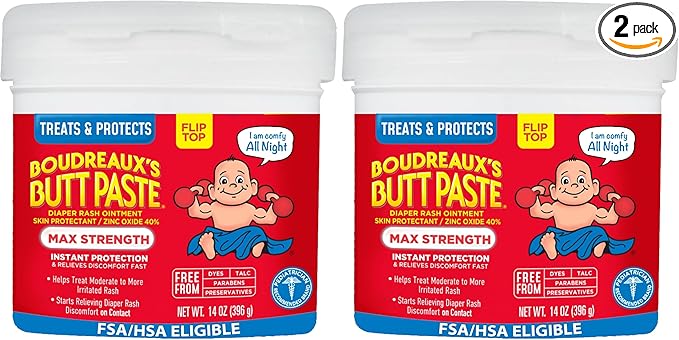 Boudreaux's Butt Paste Maximum Strength Diaper Rash Cream, Ointment for Baby, 14 oz Flip-Top Jar (Pack of 2)