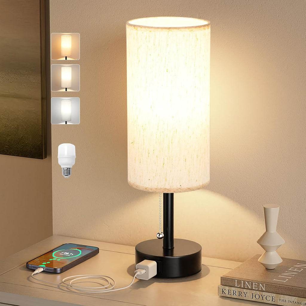 Bedside Table Lamp for Nightstand - 3 Color Temperatures Pull Chain Lamp with AC Outlet Charging Port, Round Night Stand Light for Bedroom Living Room, Small Bed Side Light with E26 LED Bulb
