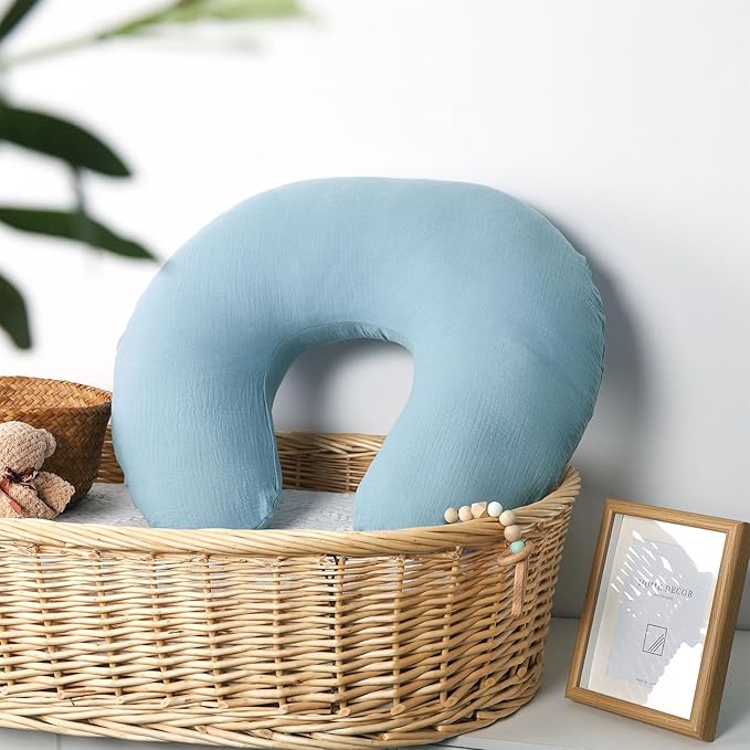 Baby Nursing Pillow Cover, Removeable Breastfeeding Pillow Slipcover, Muslin Nursing Case for Newborn Boys Girls, Soft Fabric Fits Snug On Infant, Washable & Breathable, Blue (Cover Only)