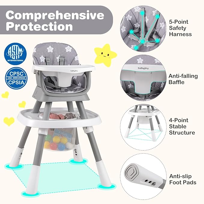 BABY JOY 16 in 1 High Chair, Convertible Baby Highchair for Babies and Toddlers with Activity Center, Booster Seat, Building Block Table, Toddler Chair with Safety Harness, Removable Tray (Gray)