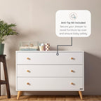 dadada Austin 3-Drawer Dresser for Nursery and Bedroom - Modern Design, Large Storage, Baby-Safe Finish, Soft Close Drawers, Anti-Tip Safety, Solid Wood Feet, Durable Construction (White+Natural)
