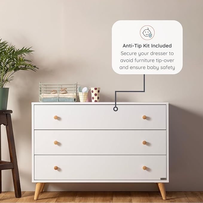 dadada Austin 3-Drawer Dresser for Nursery and Bedroom - Modern Design, Large Storage, Baby-Safe Finish, Soft Close Drawers, Anti-Tip Safety, Solid Wood Feet, Durable Construction (White+Natural)