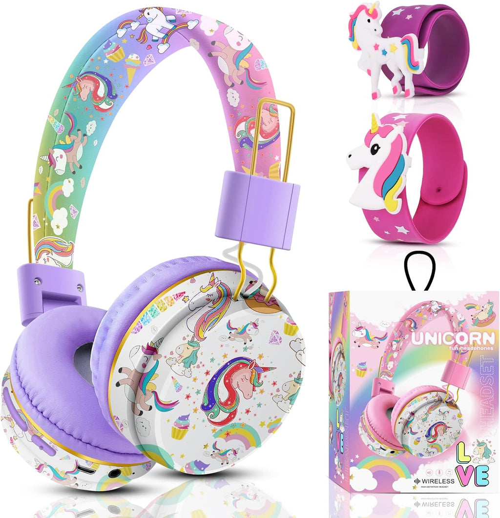 QearFun Unicorn Bluetooth Headphones for Girls - with Microphone & 3.5mm Jack, Adjustable Headband for Kids Teens Toddlers, School iPad Tablet PC Smartphones Compatible (Purple)