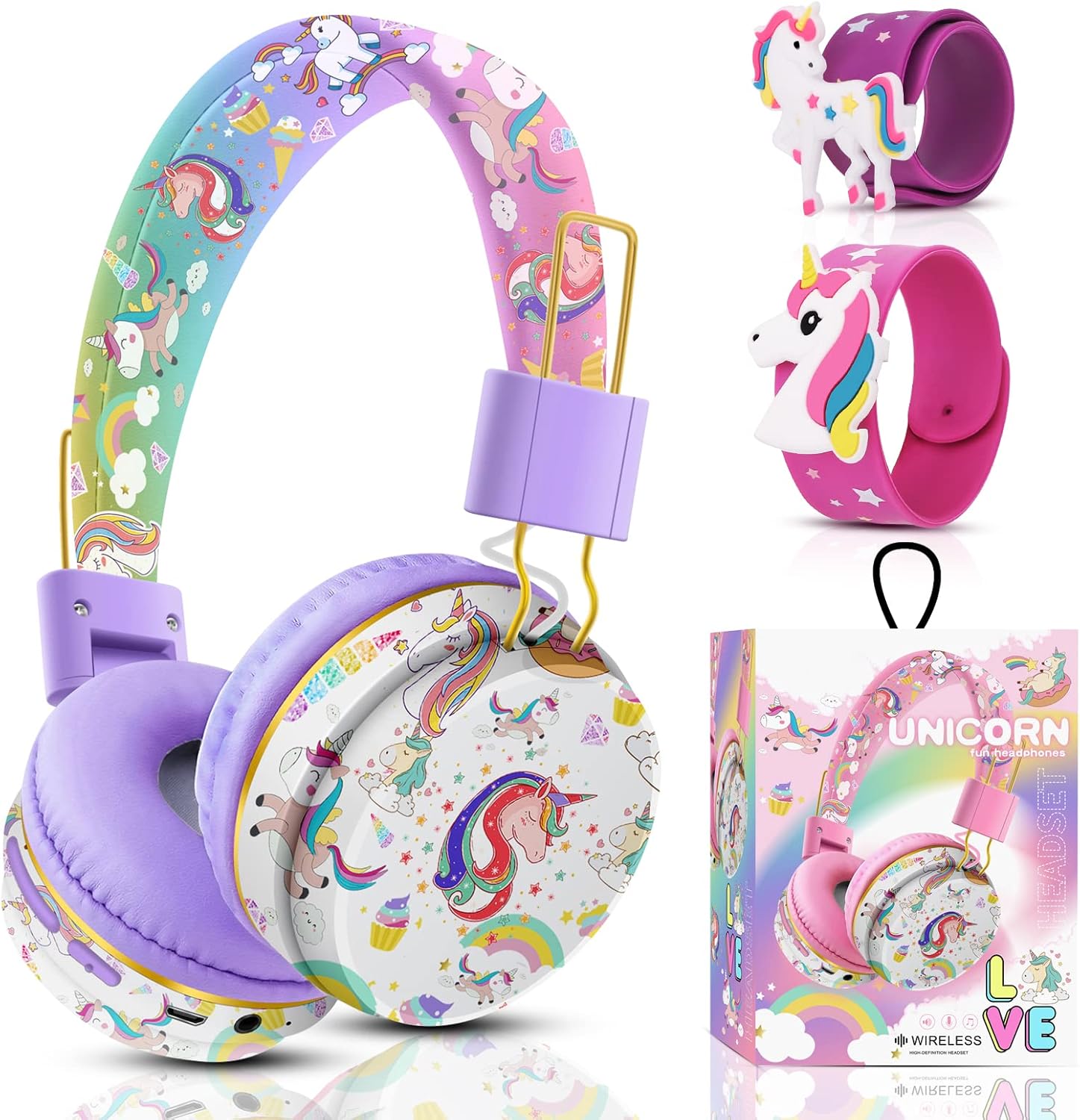 QearFun Unicorn Bluetooth Headphones for Girls - with Microphone & 3.5mm Jack, Adjustable Headband for Kids Teens Toddlers, School iPad Tablet PC Smartphones Compatible (Purple)