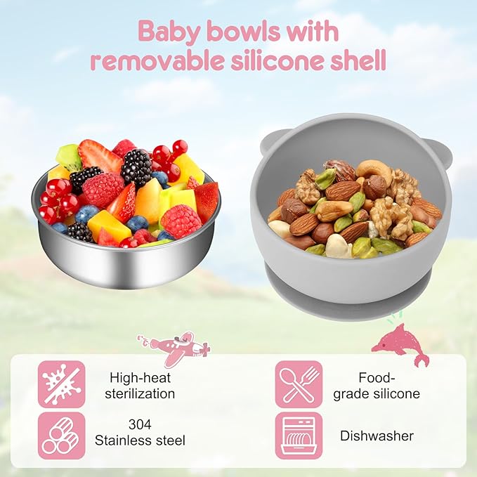 2 Pack Stainless Steel Baby Bowls with Suction, Toddler Bowls with Removable Silicone Shell for Kids, Non-Slip Toddler Baby Feeding Set Dishwasher Safe-Gray & Red