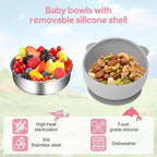 2 Pack Stainless Steel Baby Bowls with Suction, Toddler Bowls with Removable Silicone Shell for Kids, Non-Slip Toddler Baby Feeding Set Dishwasher Safe-Gray & Red
