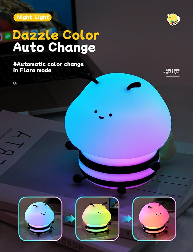 Bee Night Light for Kids,Cute Squishy Silicone Nursery Night Lamp Kawaii Animal Bedside Nightlight with 7 Colors 3 Levels Dimmable Tap Control Rechargeable Nightlights for Kids, Room Decor