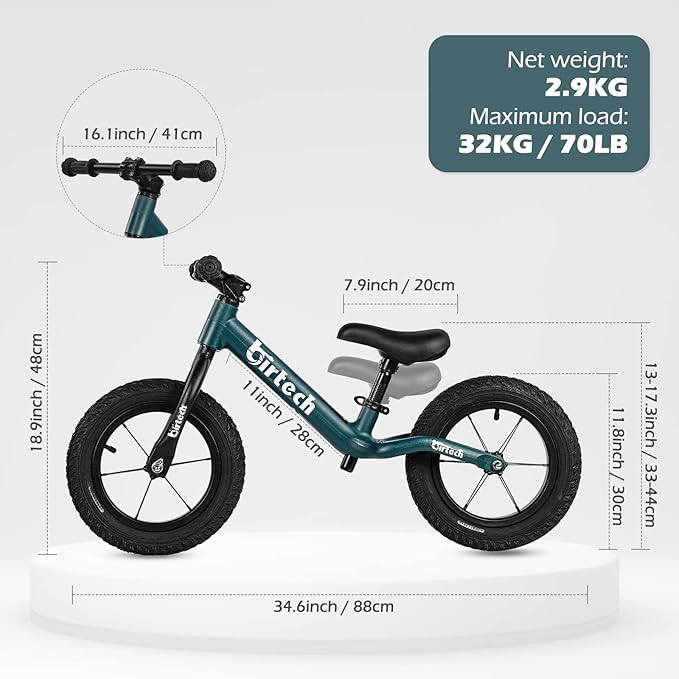 12" Balance Bike for 2, 3, 4, 5 Year Old Boys and Girls, Lightweight Nylon Frame Toddler Training Bike No Pedal Bikes for Kids with Adjustable Seat and Air Tires