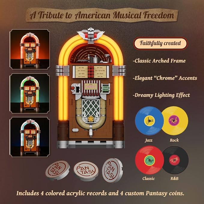 PANTASY Retro Jukebox Building Kit with Coin & Sound Function, Mechanical Music Box Model with Acrylic Records, Recording Studio & Minifigure, Collectible Construction Toy Gift for Adults and Teens