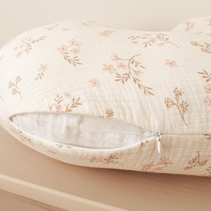 Konssy 2-Pack Muslin Nursing Pillow Covers, Soft & Adorable Nursing Covers for Breastfeeding Pillows, Slipcovers for Newborn Boys & Girls(Soft Blooms,Taupe)