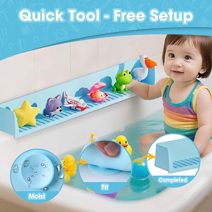 Bathtub Splash Guard for Kids - 31.4 Inch Extra Wide Bath Splash Barrier with 11 Strong Suction Cups, Flexible Silicone Tub Ledge Organizer to Keep Bathroom Floor Dry(Blue)
