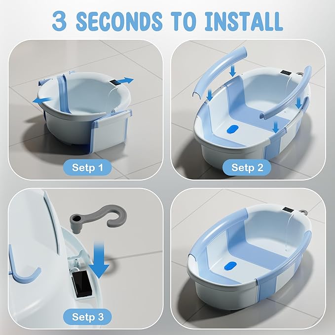 Collapsible Baby Bathtub, 3s to Install, Baby Bath Tub with Soft Cushion & Thermometer, 0-36 Months Newborn Bathtub,Portable Travel Baby Tub, Blue