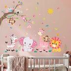 Pink Forest Baby Animals Wall Decals - Elephant Lion Giraffe Monkey Zebra Wall Stickers - Nursery Kids Girls Boys Room Daycare Playroom Classroom Wall Decor