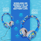 QearFun Dinosaur Bluetooth Headphones for Boys - with Microphone & 3.5mm Jack, Adjustable Headband for Kids Teens Toddlers, School iPad Tablet PC Smartphones Compatible (Blue)
