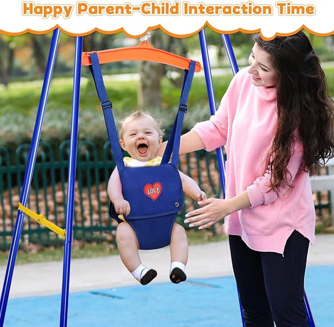 4-in-1 Toddler Swing Set & Baby Jumper and Bouncer for Toddlers, Foldable Baby Swing Stand for Outdoor Indoor Play, Easy to Assemble and Store for Ages 6 Months to 10 Years Old (Blue)