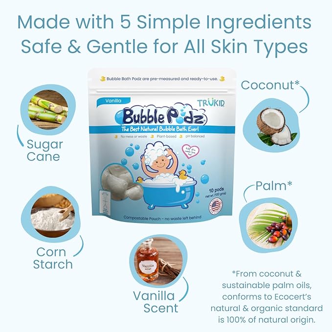TruKid Bubble Podz Bubble Bath for Kids, Toddlers, & Babies, Tear Free Gentle & Refreshing Bath Bomb for Sensitive Skin with Natural Moisturizers, Non-Toxic, pH Balanced, Vanilla Scent (10 Podz)
