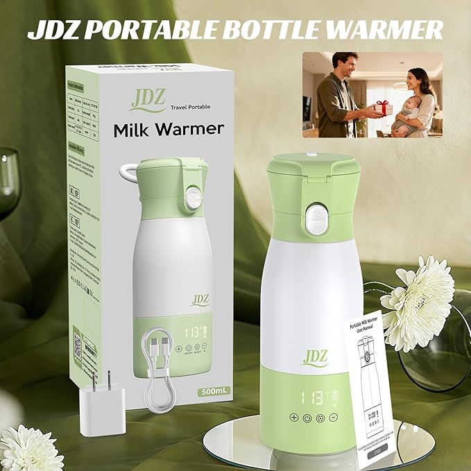 JDZ Portable Bottle Warmer, 17oz Capacity Baby Bottle Warmer with Timer & Temperature Control, 16000mAh Battery Fast Heating Milk Warmer for Breast Milk Water and Formula