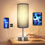 KPQ Small Bedside Lamp Touch Control Table Lamp with USB A+C Charging Ports & AC Outlet 3-Way Dimmable Nightstand Lamp with Linen Fabric Shade for Bedroom Living Room