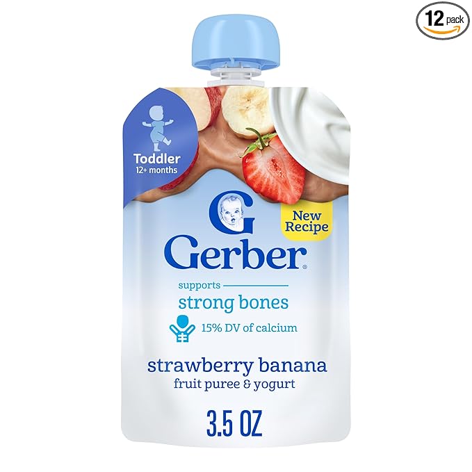 Gerber Toddler Food, Strawberry Banana, Fruit Puree and Yogurt Pouch. No Added Sweeteners, 12PK