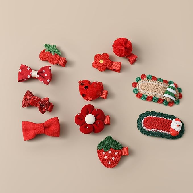 Baby Girl Hair Clips 11 Pack Toddler Hair Bows Christmas Set 2 '' Infant Fully Covered Red Barrettes for Babies Fine Hair