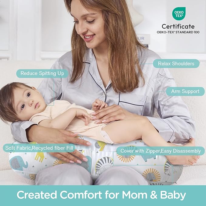 Little Grape Land New Nursing Pillow for Breastfeeding, Larger Breast Feeding Pillow and Positioner with Removable Cover for More Support, Tummy Time and Bottle Feeding Support Pillow, Animals