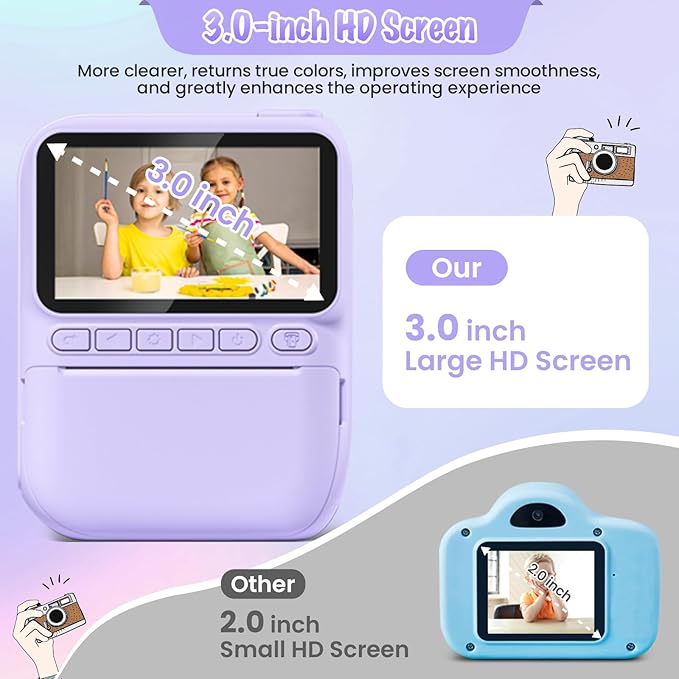 Kids Camera Instant Print, 3.0" HD 32MP Kids Camera Christmas Birthday Gifts for 3 4 5 6 7 8 9 10 11 12 Year Old Girls Boys, 32GB SD Card-Purple