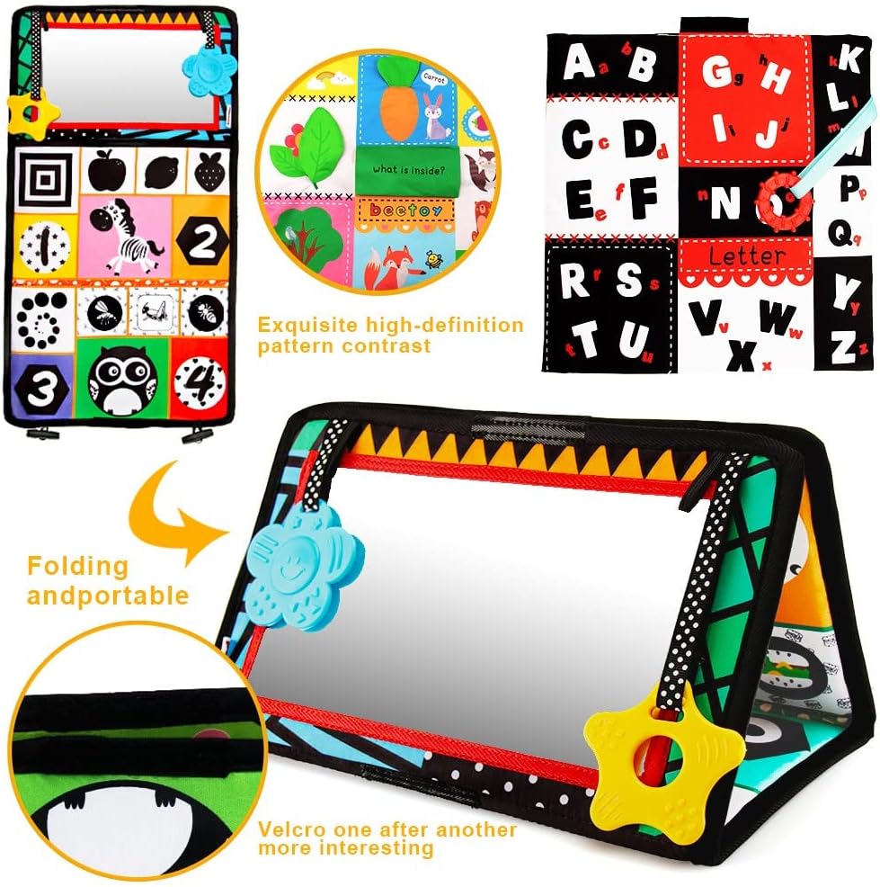 beetoy Tummy Time Baby Mirror Toys with Black and White Pattern, High Contrast 3D Activity Play Crinkle Toys Baby Mirror for Newborn 0 3 6 Months