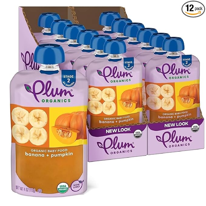 Plum Organics Stage 2 Organic Baby Food - Banana and Pumpkin - 4 oz Pouch (Pack of 12) - Organic Fruit and Vegetable Baby Food Pouch