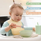 DRKIO 8 PCS Toddler Spoons Set - Baby Spoons with Silicone Handle Children safe 18/8 Stainless Steel Toddler Utensils Set for Self Feeding Kids Silverware Anti-Choke Design Food Grade Dishwasher Safe