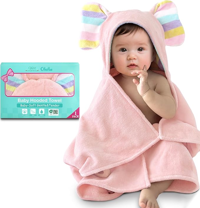VOOVA & MOVAS Thick Baby Hooded Bath Towel - 100% Cotton,500GSM, 33x31.5 Inches,0-2Years,Super Absorbent Large Towel with Cute Elephant Ears Hood for Newborn, Baby, Infant, Pink
