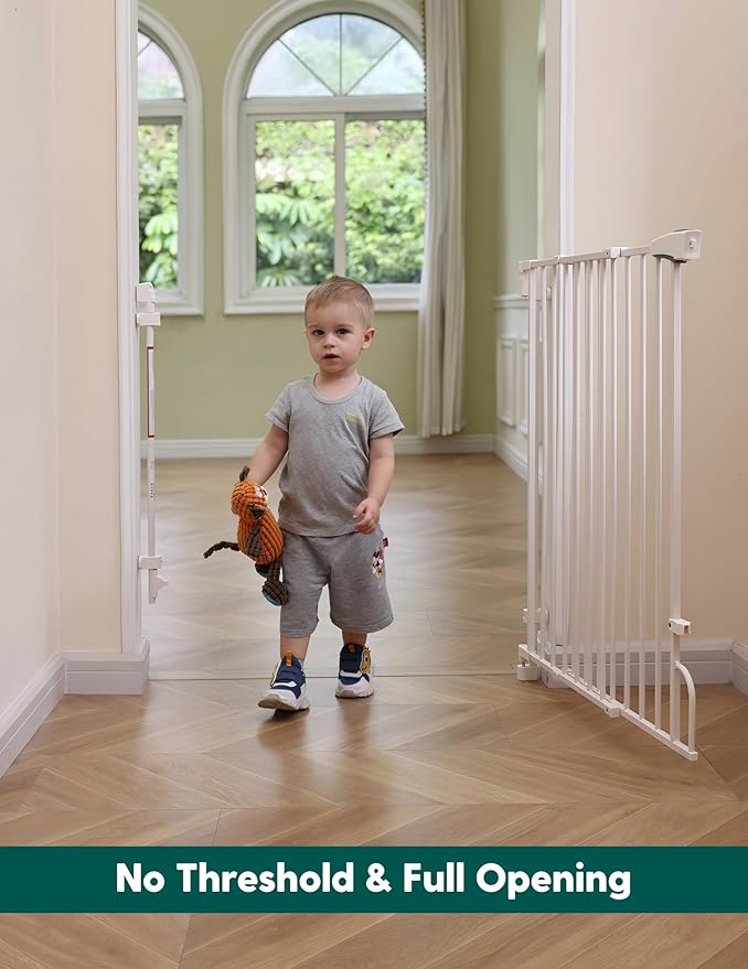 Babelio Easy to Remove & No Bottom Bar Baby Gate, 29-43" Hardware Mounted (Drill Needed)| Wide Walk-Thru| Auto-Close Safety Dog/Pet Gate for Stairs & Doorways (White, 29-43" W, 30" H)