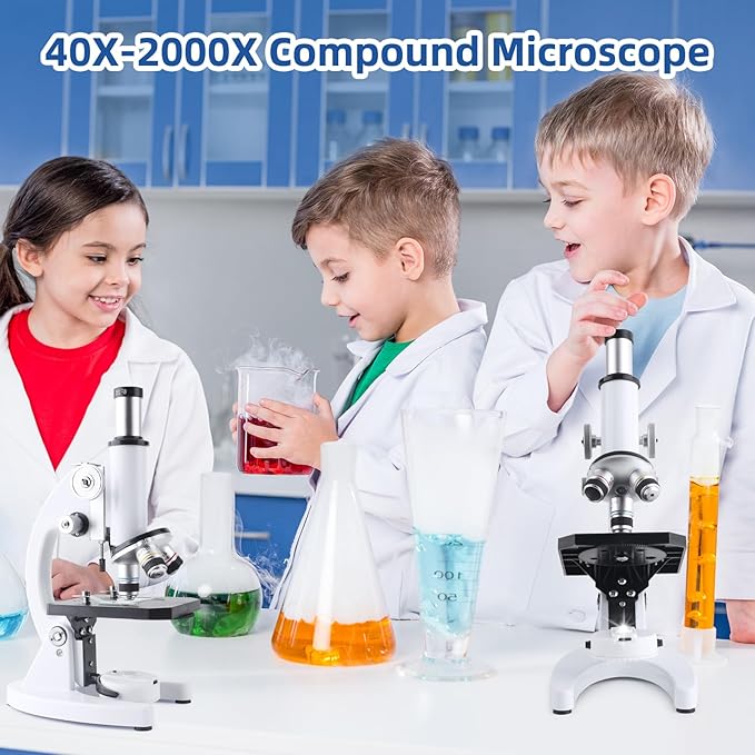 Microscope for Adults Kids, 40X-2000X Microscope Kit with Adjustable Brightness LED, Slides, Biological Compound Microscopes for School Lab Home Education, Gifts for Children Students