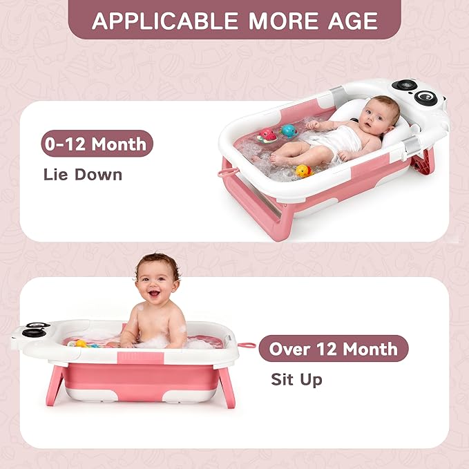 Collapsible Baby Bathtub for Newborn to Toddler (0-24 Months), Portable Baby Bath Tub for Travel, Newborn Bathtub with Soft and Supportive Cushion (Panda-Pink)