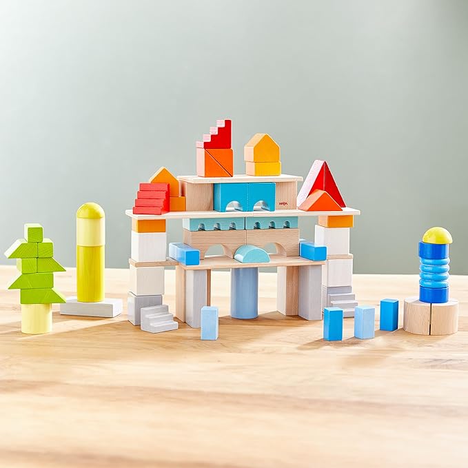 HABA Colored Wooden Building Blocks - Set of 85 Piece Set of Wooden Toys, Stacking Toys for Toddlers 1-3 Ideal Open Ended STEM Play (Made in Germany)