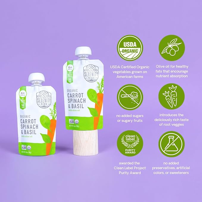 Serenity Kids 6+ Months USDA Organic Veggie Puree Baby Food Pouches | No Sugary Fruits or Added Sugar | Allergen Free | 3.5 Ounce BPA-Free Pouch | Carrot Spinach & Basil | 1 Count