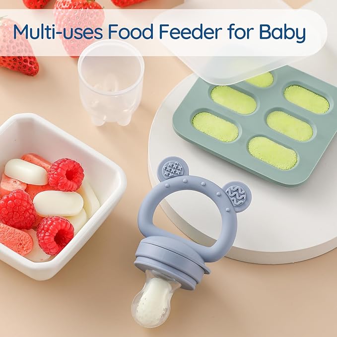 2 Pack Silicone Baby Fruit Feeder with Mini Freezer Tray, Breastmilk Popsicle Molds for Baby Teething Relief, Fresh Food Feeder for Safe Infant Self Feeding, Extra Food Pouches