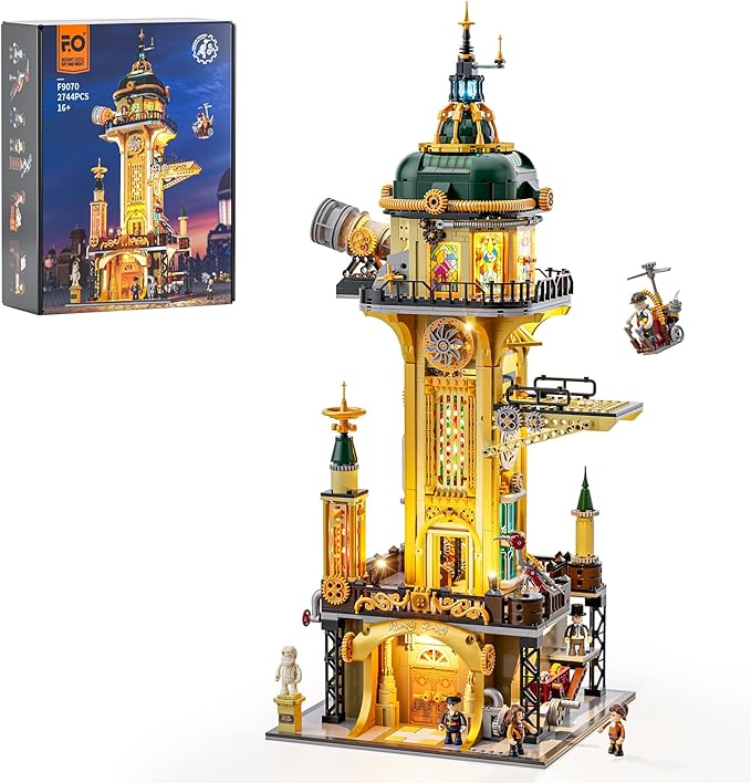 FUNWHOLE Steampunk Observatory Tower Lighting Building-Bricks Set - Astronomy Tower 2744 Pcs Collection Display Set for Adults and Steampunk Lovers