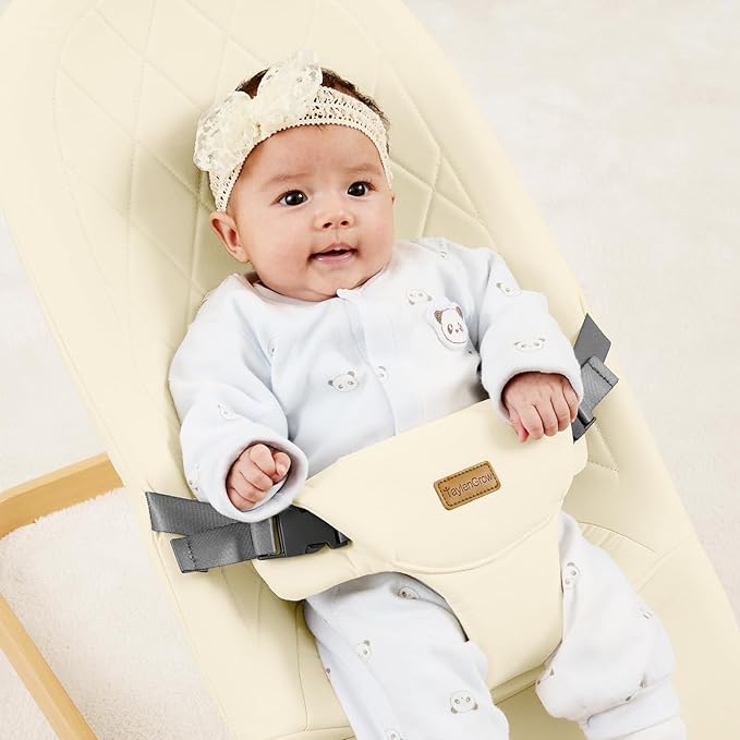 Foldable Baby Bouncer, Baby Seat with 3 Adjustable Heights, Portable Newborn Rocker, Ergonomic Bouncy Seat for Natural Bounce, Bouncer for Babies 0-6 Months, Soft Cotton (Beige)