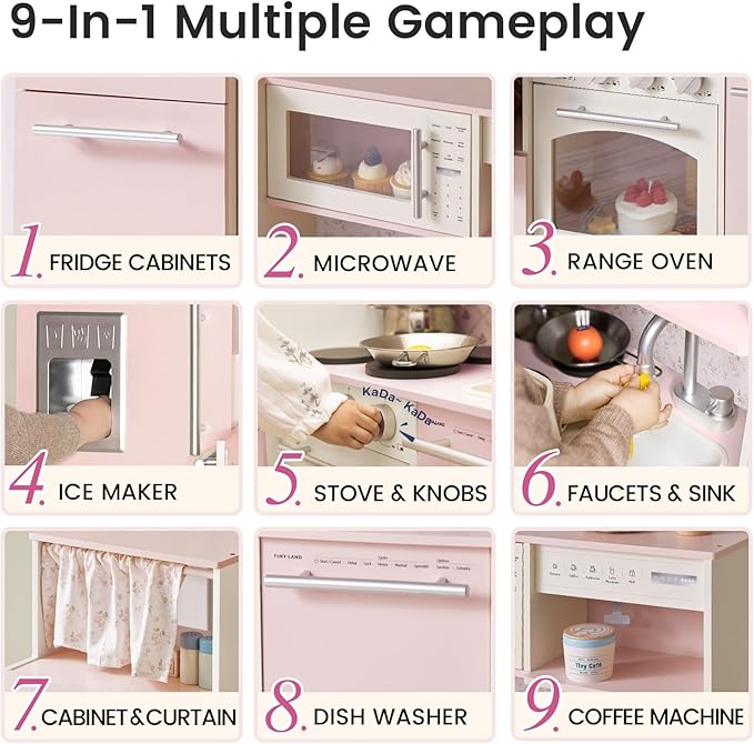 Tiny Land Play Kitchen for Kids, Upgraded Wooden Kitchen Toy with Complete Play Areas, Pretend Cooking Set with Sink, Stove, Microwave, Toy Coffee Station & Storage for Kids Ages 3+