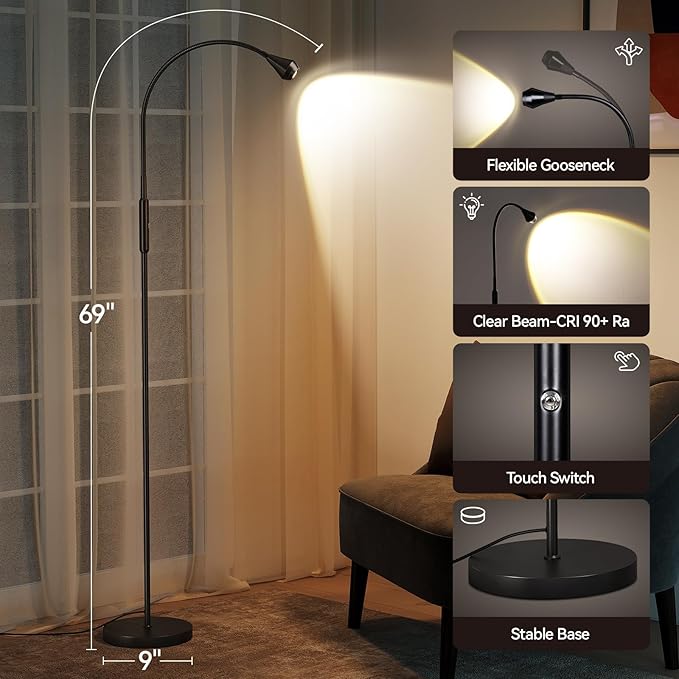 SUNMORY Adjustable LED Beam Floor Lamps for Living Room, Reading Lamp with Flexible Gooseneck, Dimmable Zoomable Spotlight, Work Light, Touch Control, Task Crafting Standing Lamp for Office Bedroom