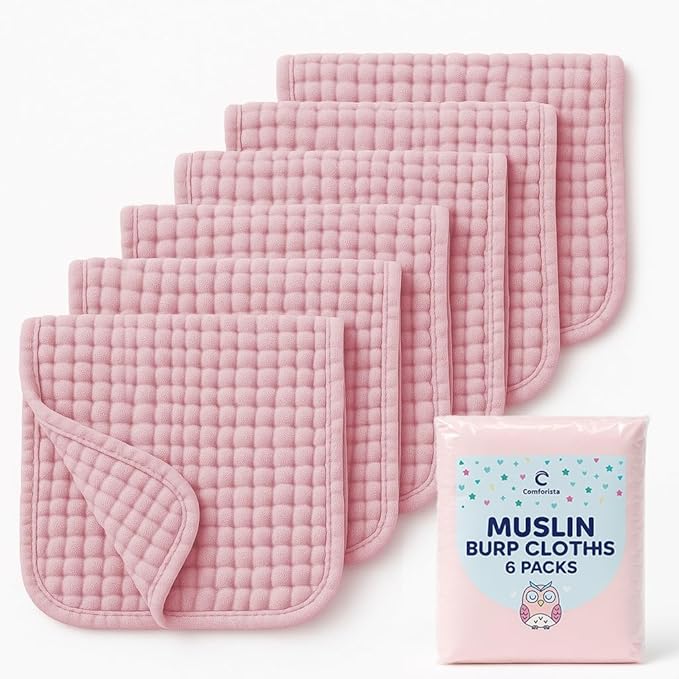 Pink Muslin Burp Cloths Set of 6, Baby Boy Essentials 6 Layer Super Absorbent, Soft & Gentle Muslin Washcloths Baby, Large Size 20"x10" Burp Clothes