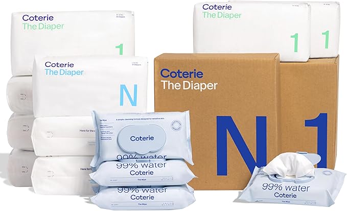 Coterie Baby Wipes + Diapers Kit, Size 1 (198 Count) & Size Newborn Diapers (93 Count), 4 Pack (224) Wipes with 99% Water, Plant Based Materials, Hypoallergenic for Sensitive Skin, Baby Essentials