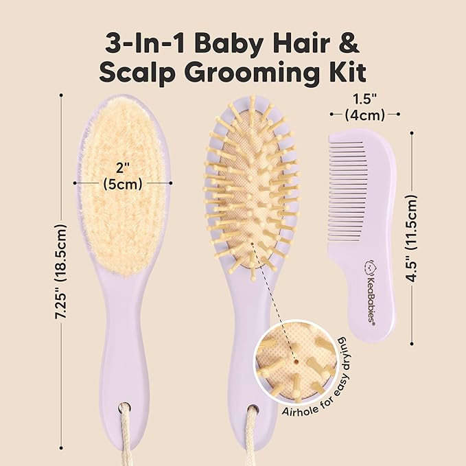 Baby Hair Brush and Comb Set for Newborn - Wooden Baby Hair Brush Set with Soft Goat Bristle, Baby Brush Set for Newborns, Baby Brush and Comb Set Girl, Boy, Toddler Cradle Cap Brush (Oval, Thistle)