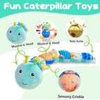 Baby Sensory Toys 0-12 Months, Plush Toys with Music and Rattle, Suitable for Newborn Baby Tummy time, can be Used as a Newborn Birthday, Holiday, Baptism Gift (Blue Caterpillar)