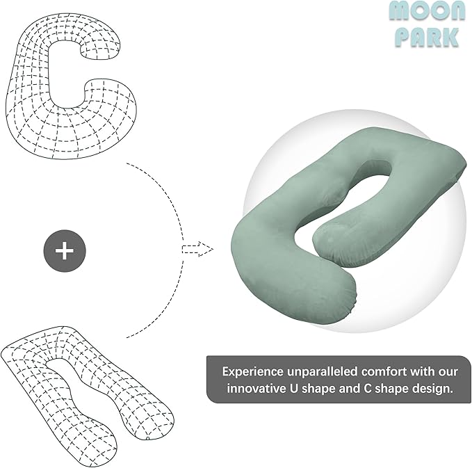 MOON PARK Pregnancy Pillows for Sleeping - U Shaped Full Body Maternity Pillow with Removable Cover - Support for Back, Legs, Belly, HIPS - 65 Inch - Green